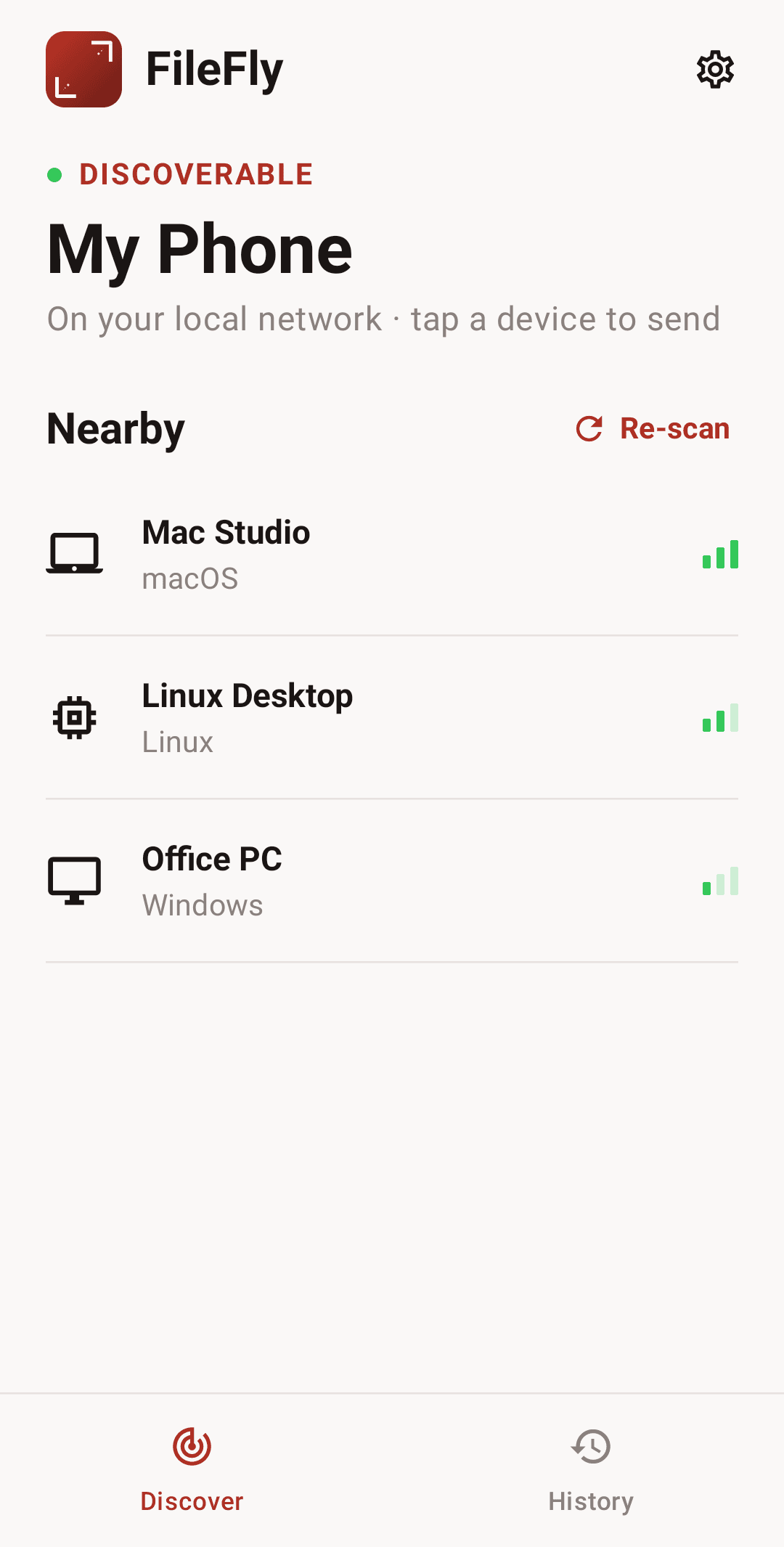 FileFly on Android listing nearby Windows, macOS and Linux devices on the local network