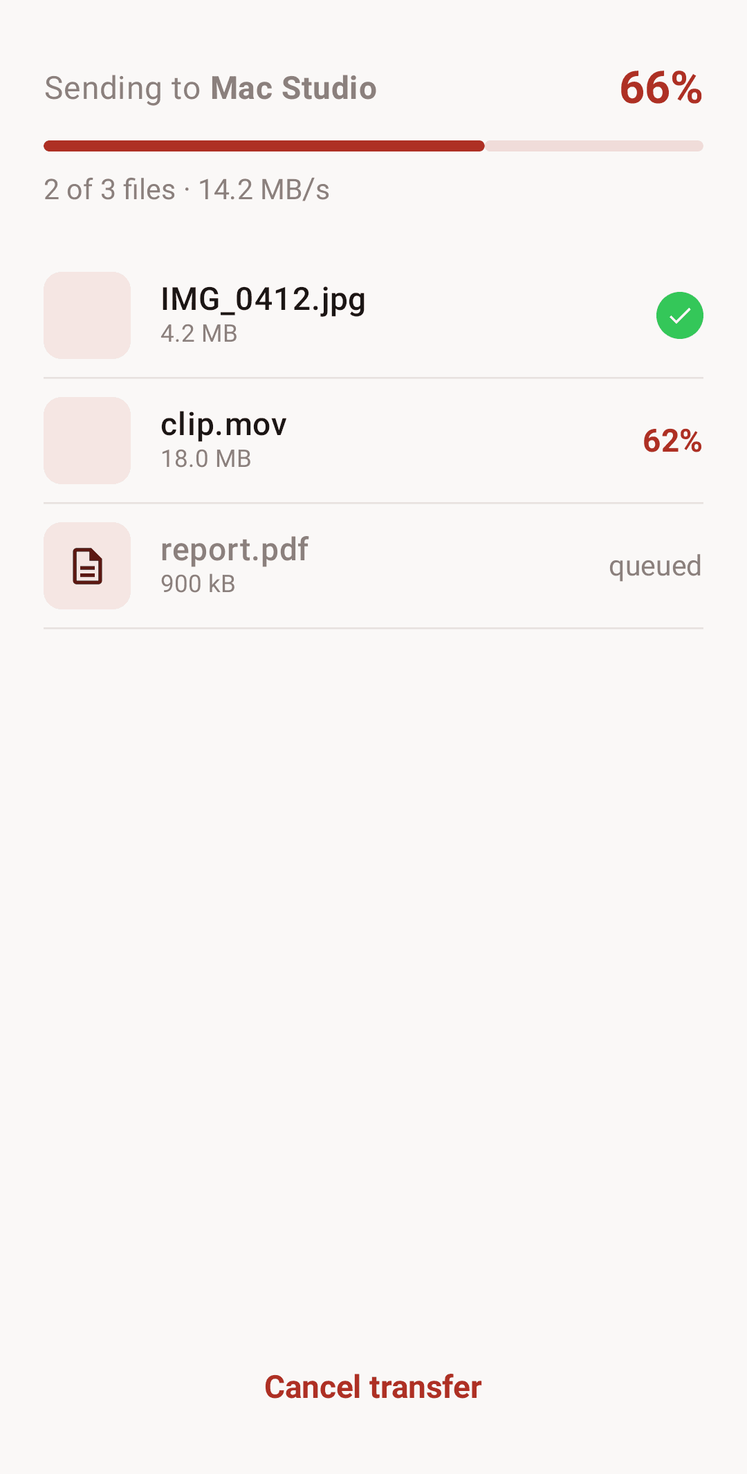 FileFly on Android sending three files to a Mac at 14.2 MB per second