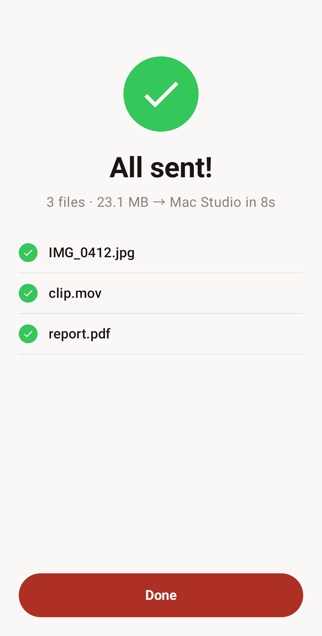 FileFly on Android confirming three files sent to a Mac in eight seconds