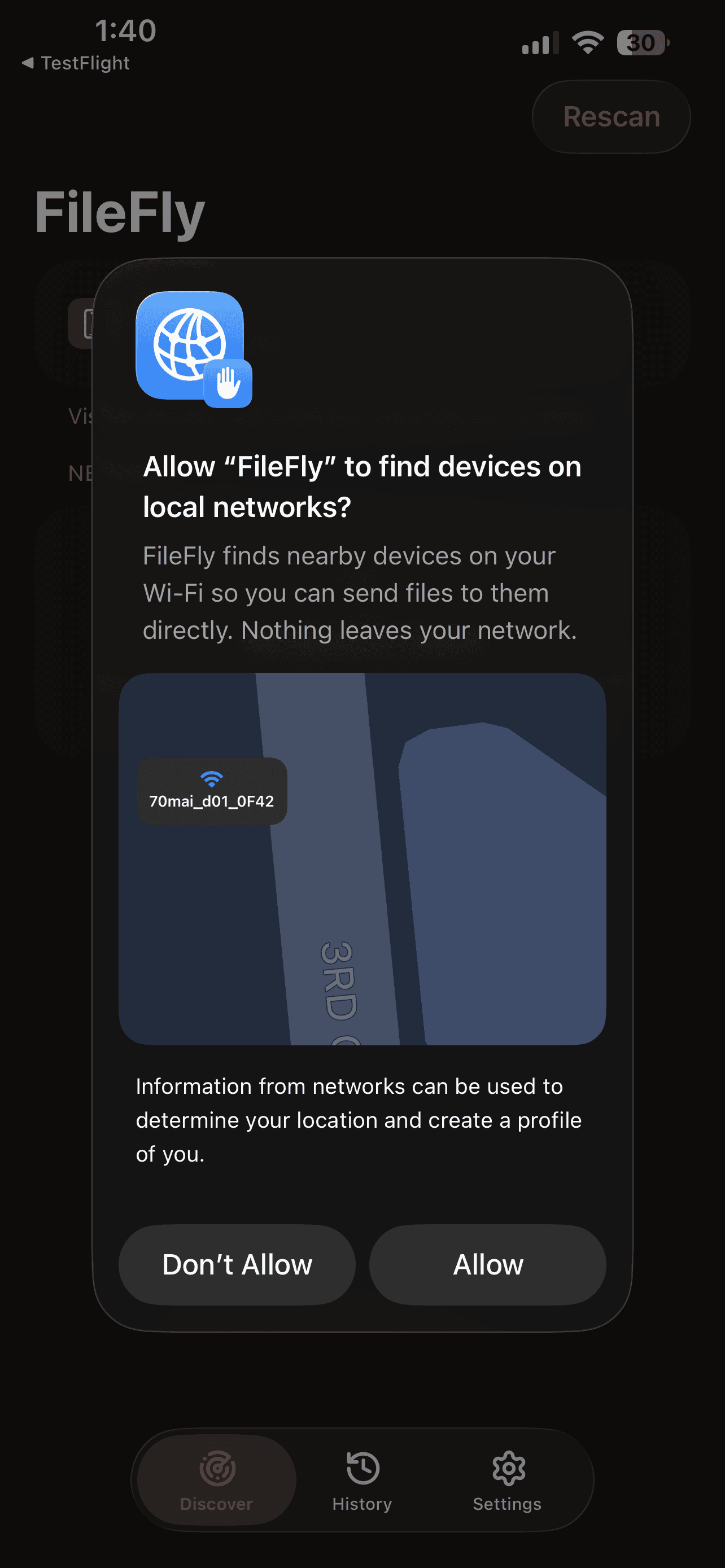iOS asking whether to allow FileFly to find devices on local networks, with Don't Allow and Allow buttons