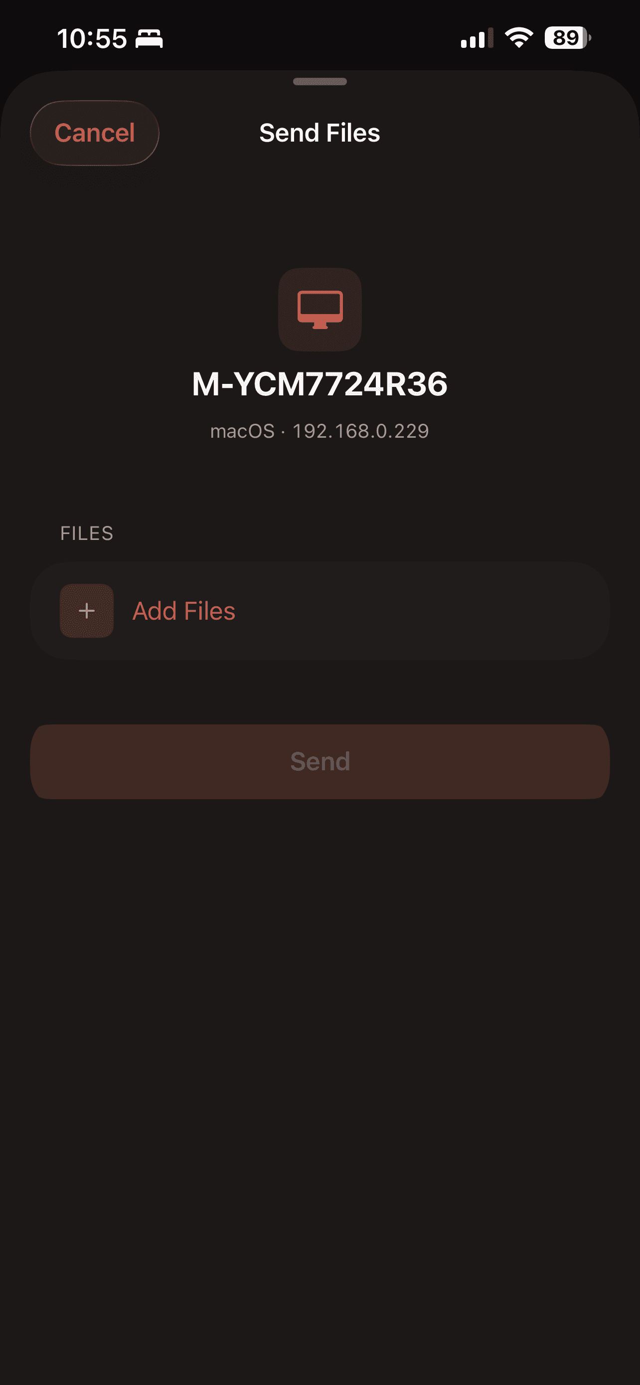 The Send Files screen on iPhone with the destination computer named at the top and no files added yet