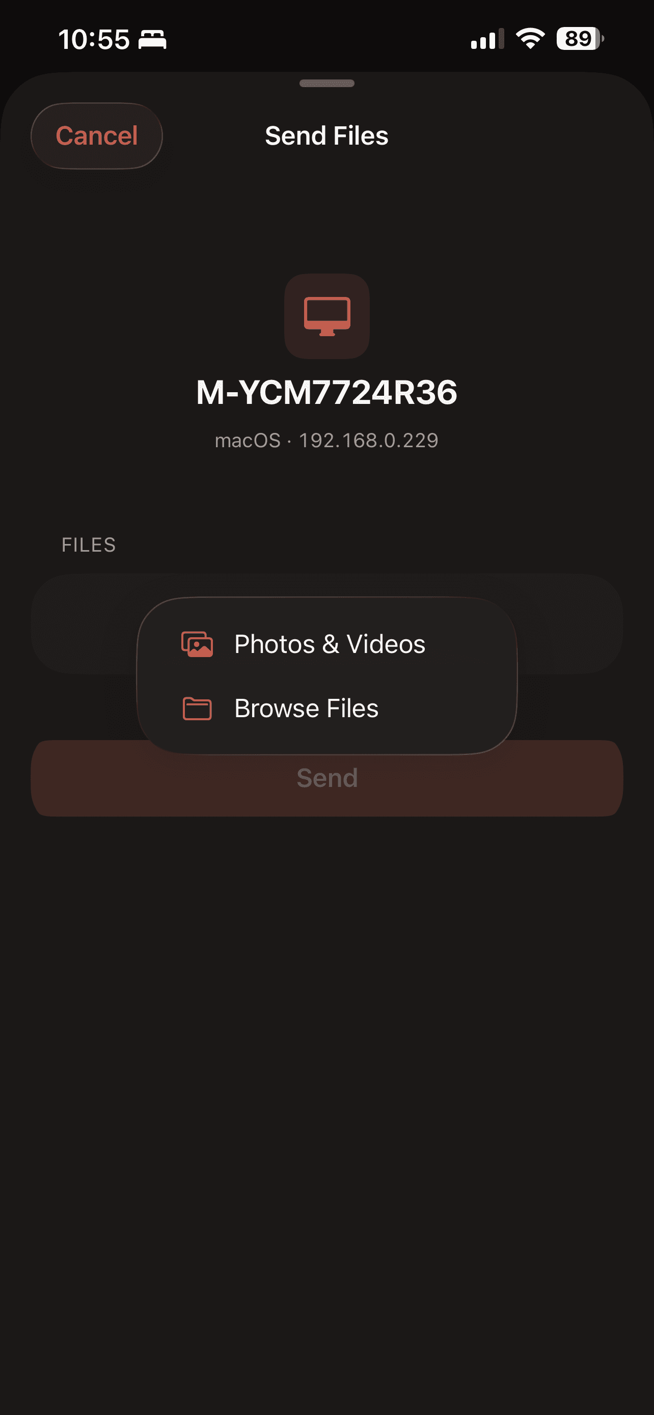 The Add Files menu on iPhone offering Photos & Videos or Browse Files