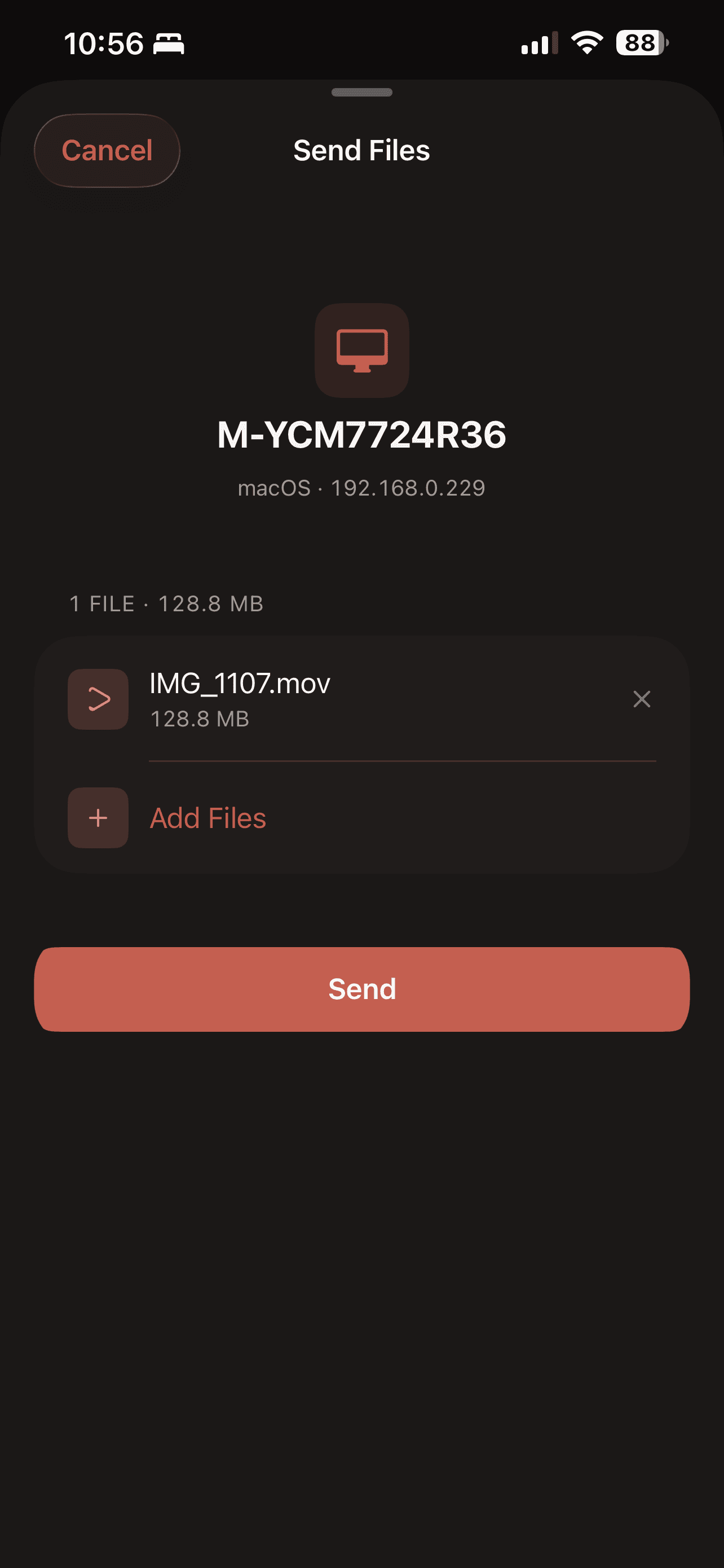 One 128.8 MB video staged in the Send Files list with the Send button now active