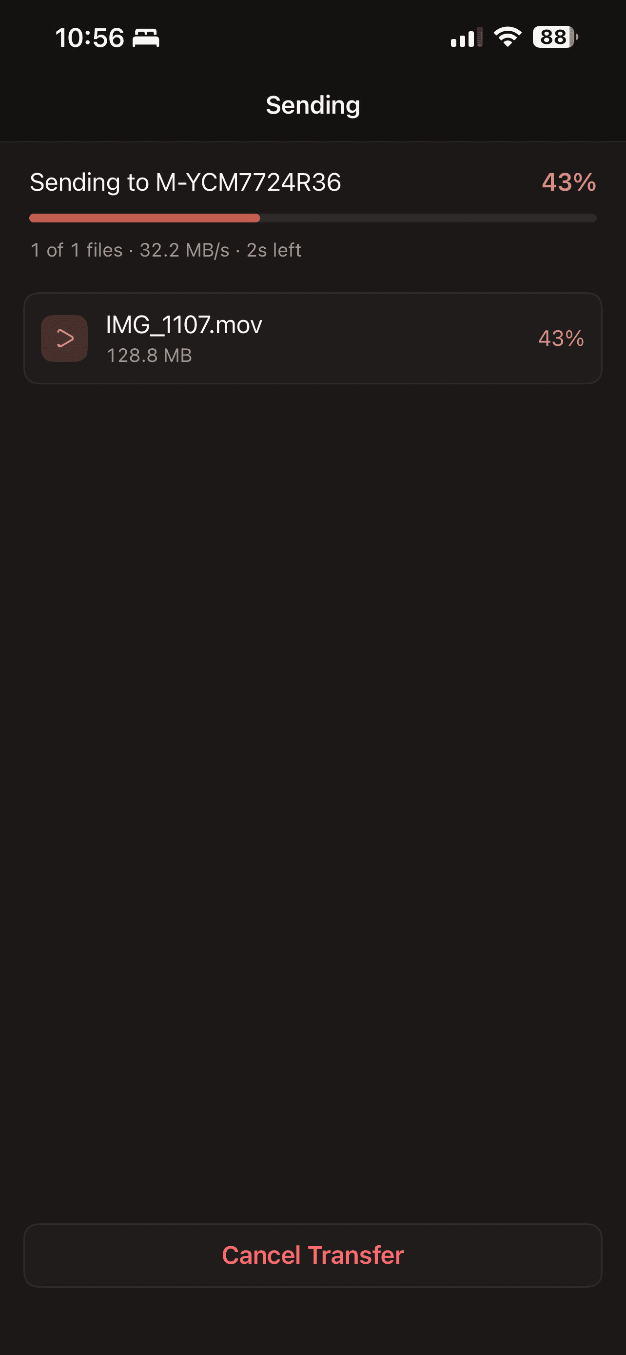 The sending screen on iPhone with a progress bar at 43 percent, 32.2 MB per second and two seconds left