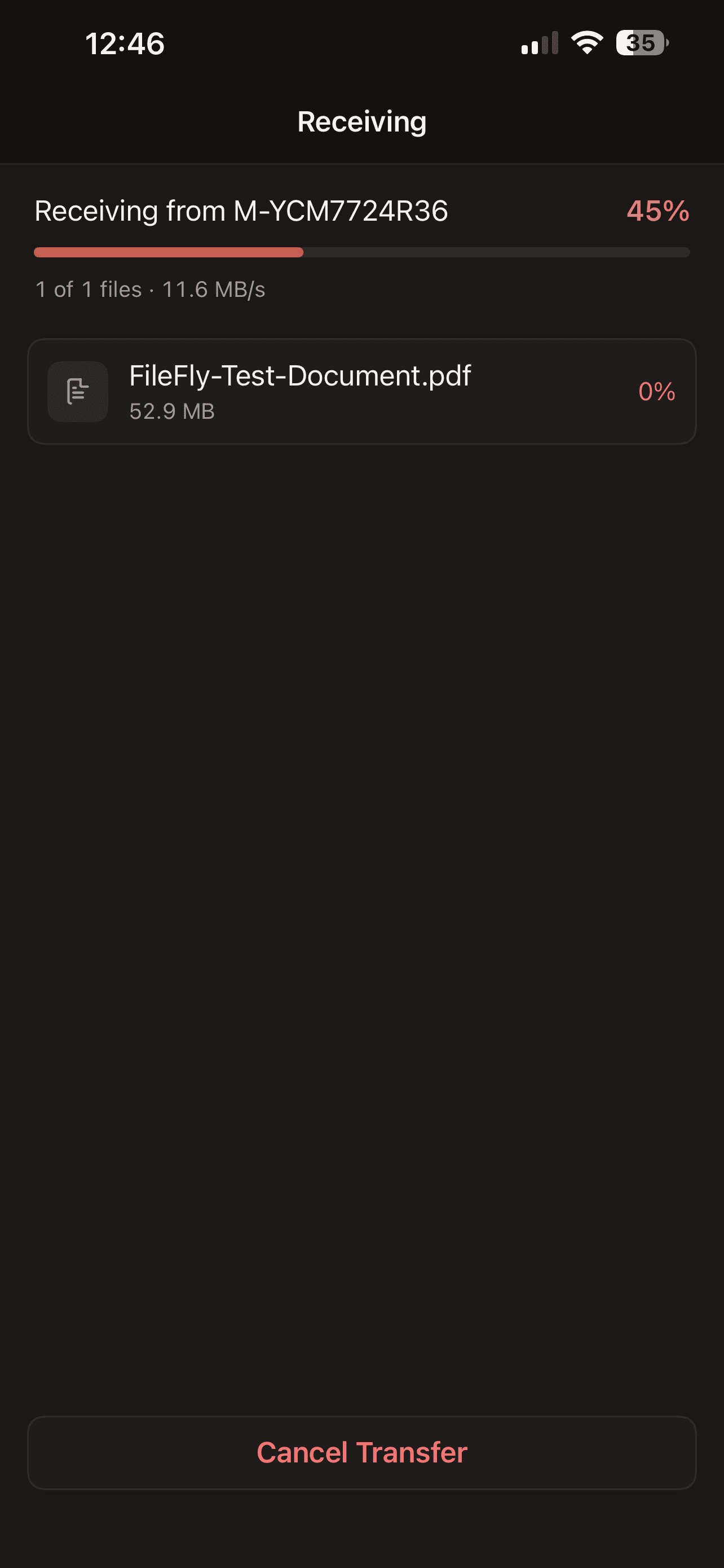 The receiving screen on iPhone with a progress bar and live transfer speed