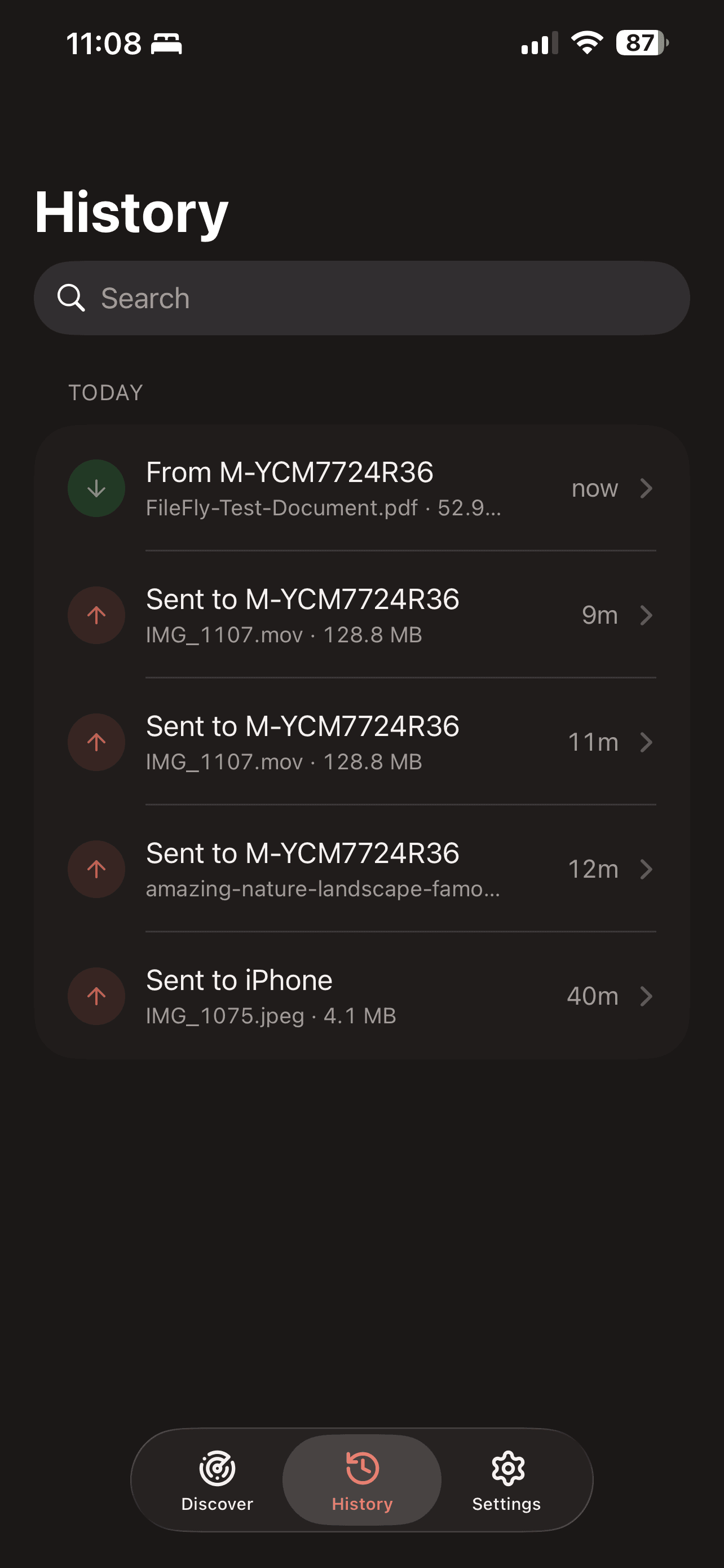 The History tab on iPhone listing sent and received transfers grouped under Today, with a search field